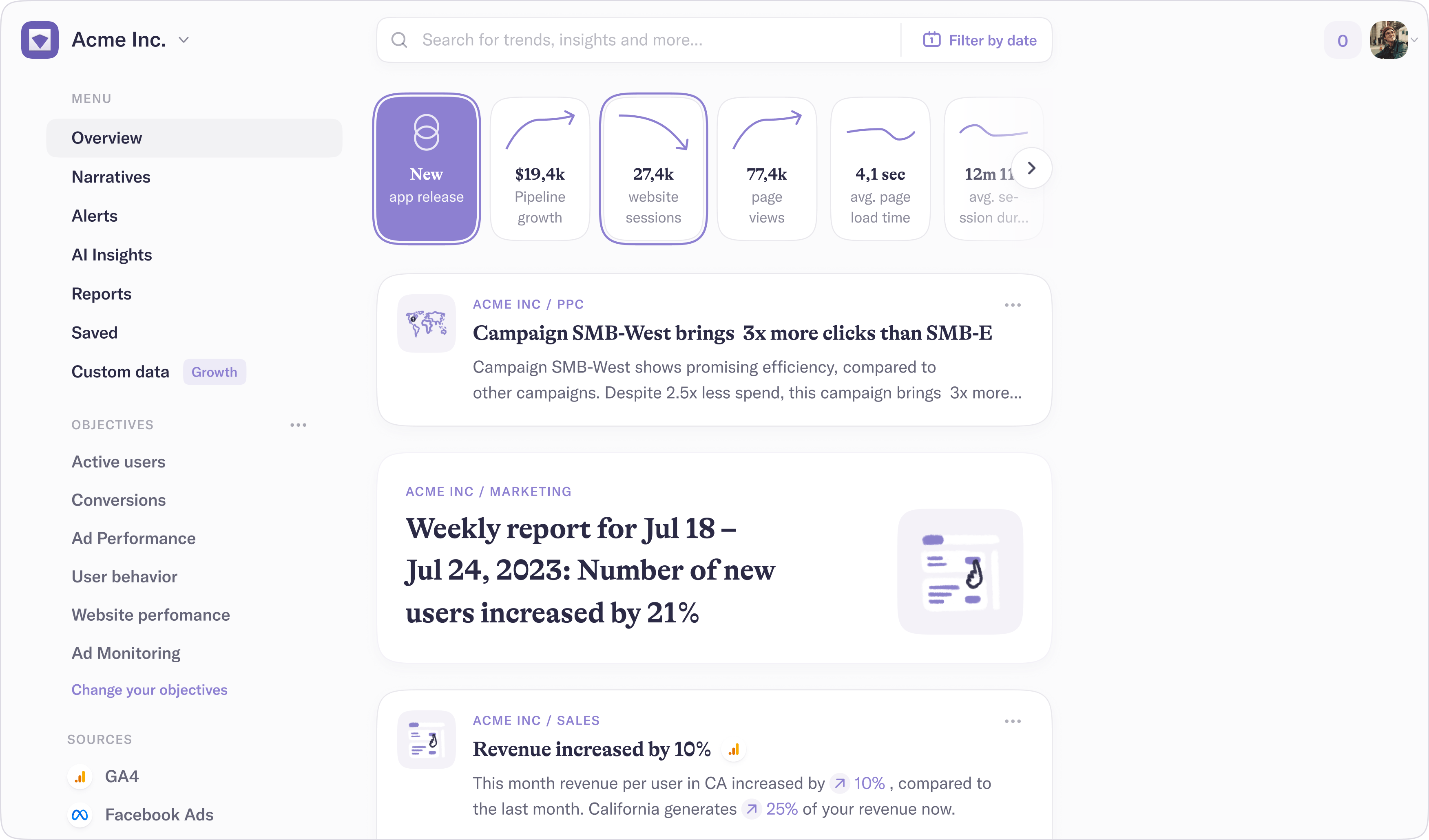 Narrative BI main screen